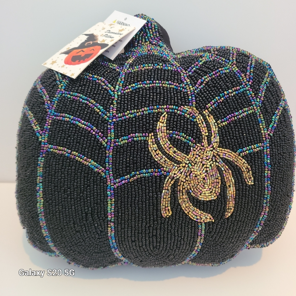 Iridescent Beaded Spider Black Pumpkin Pillow